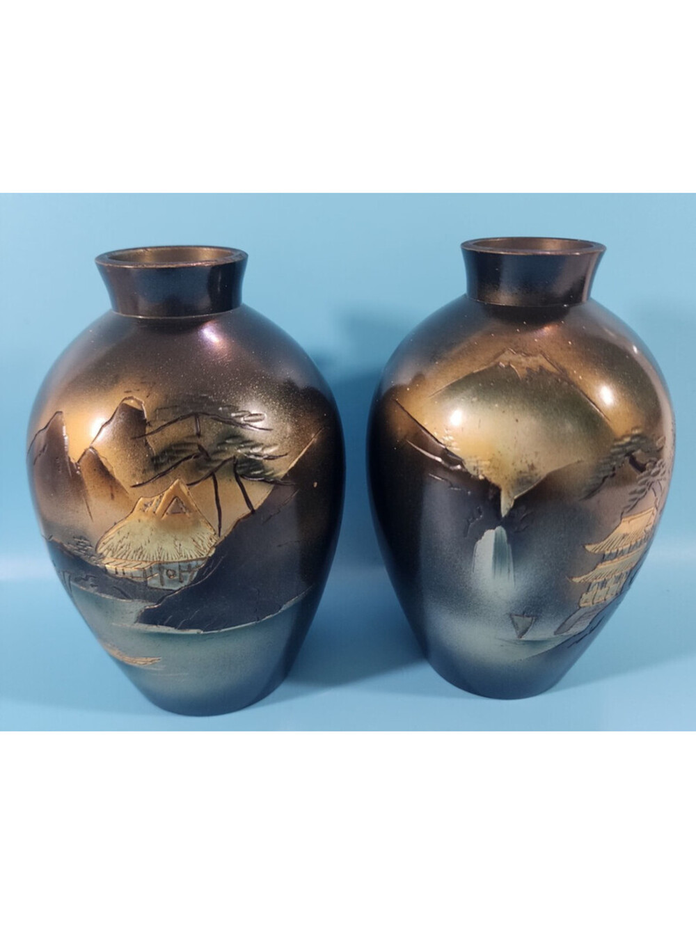 VINTAGE JAPANESE BRASS ETCHED VASES Set Of 2